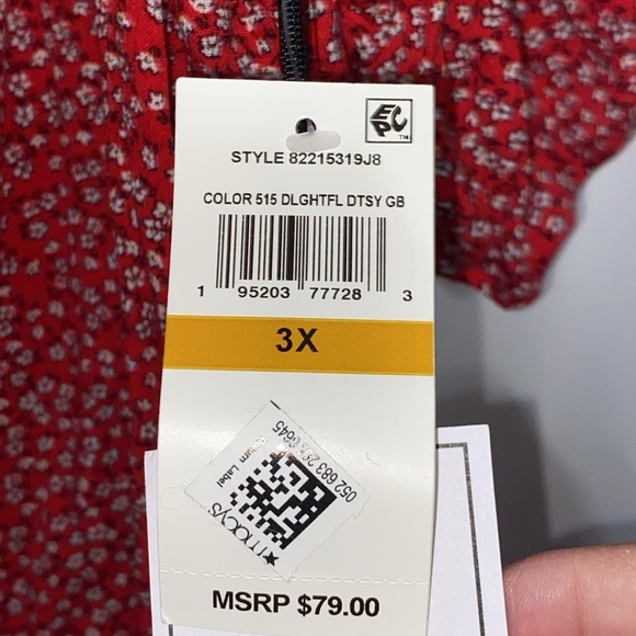 NWT 1.STATE WO SIZE 3X PEASANT TOP FRONT TIE AT HEM RED WITH SMALL FLORAL PRINT - Picture 3 of 13